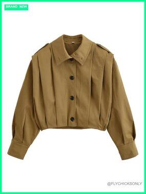 Cropped Pleated Trench Coat Casual Button Down Short Jacket